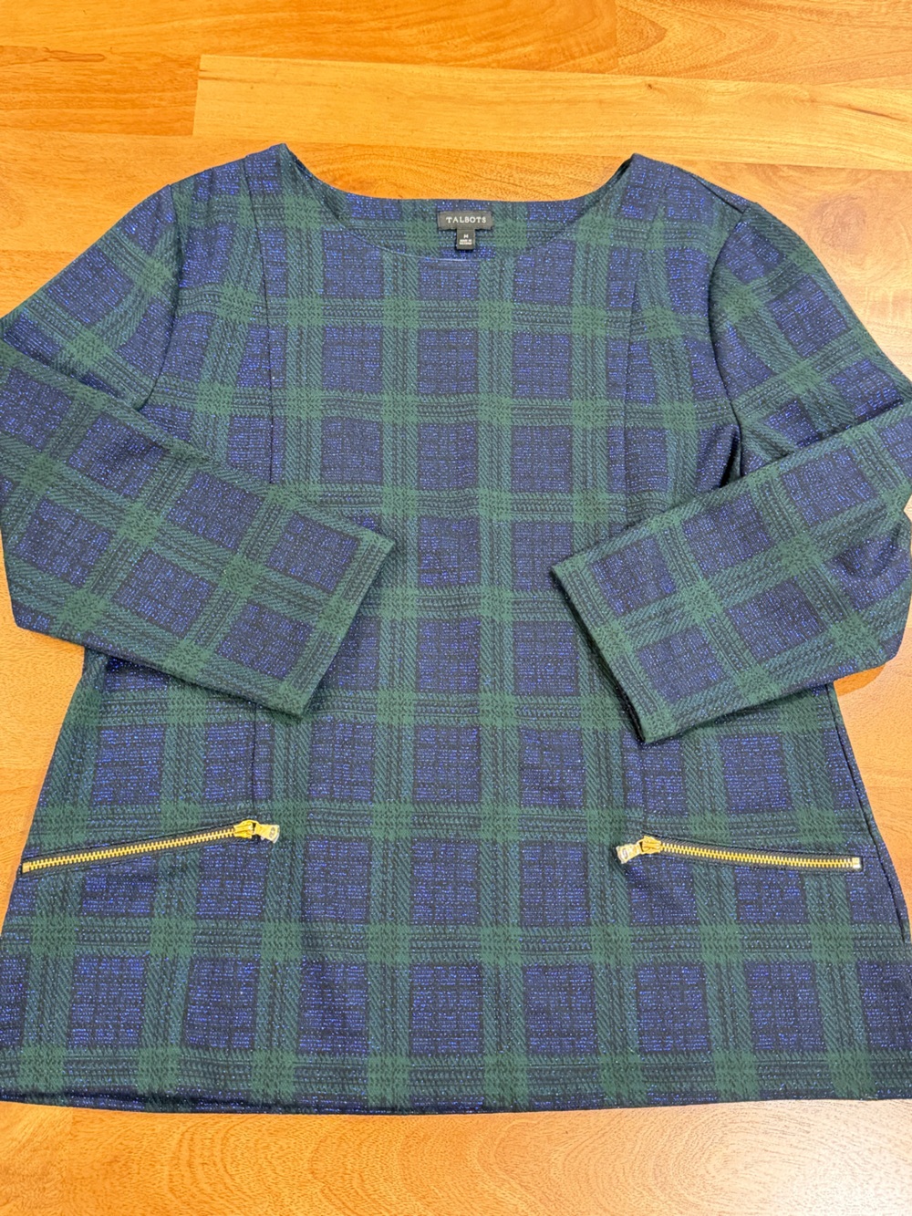 Talbots Green, Black & Navy Metallic Plaid Knit Top with Pockets - Size Medium
